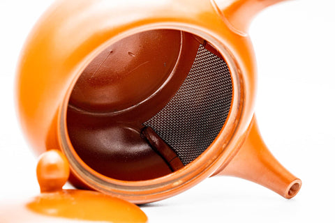 Overhead view into the open teapot showing the interior and built-in ceramic mesh strainer.