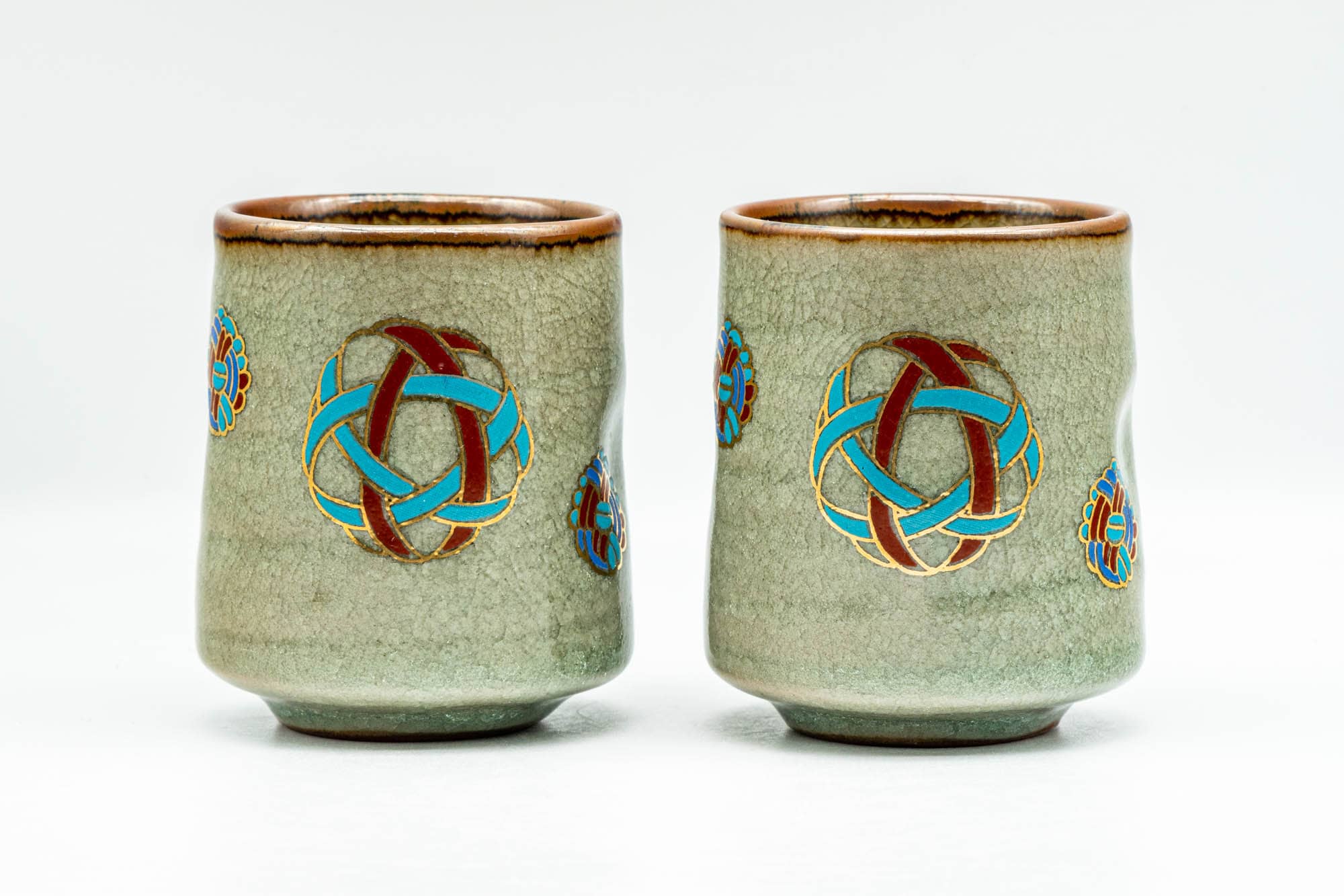 Japanese Teacups - Pair of Geometric Green Celadon Glazed Yunomi - 180ml