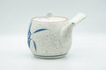 Tezumi — Japanese Tea Set - Blue Floral White Matte Glazed Arita-yaki Debeso Kyusu Teapot and 5 Yunomi Teacups — the teapot in three-quarter view