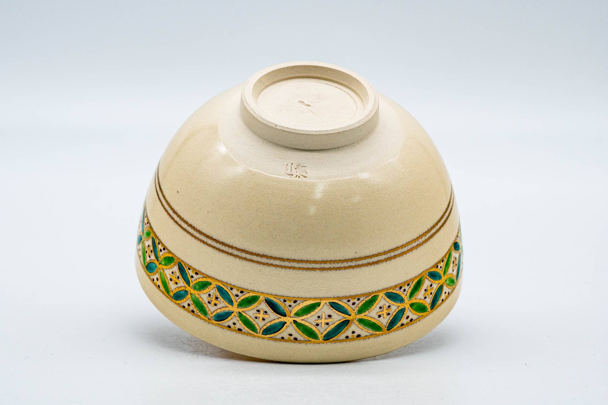 Japanese Matcha Bowl - Beige Gold Geometric Kyo-yaki Chawan - 250ml