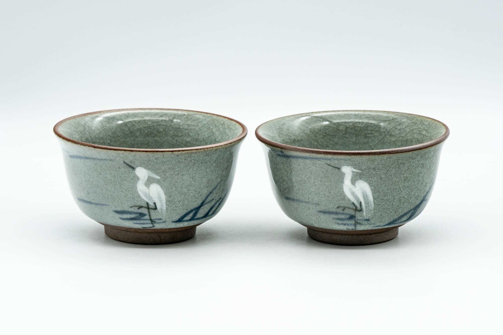Japanese Teacups - Pair of 杏土窯 Egret Snowflake Celadon Glazed Yunomi - 90ml