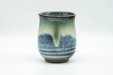 Tezumi — Japanese Teacup - Green White Hare's Fur Drip-Glazed Agano-yaki Yunomi - 175ml — front view from another angle
