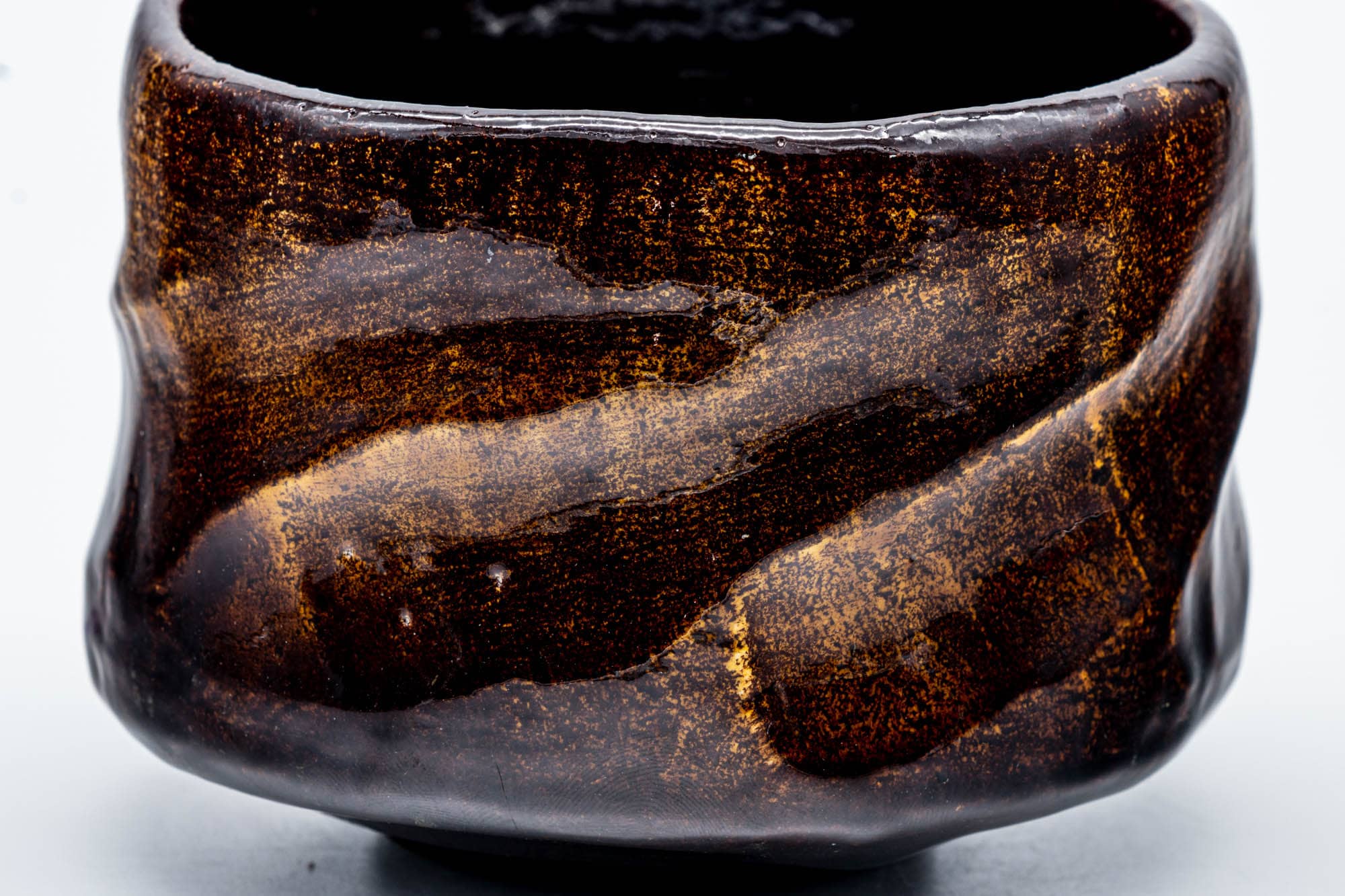 Japanese Matcha Bowl - 手 Spiraling Black Amber Glazed Raku Chawan - 300ml