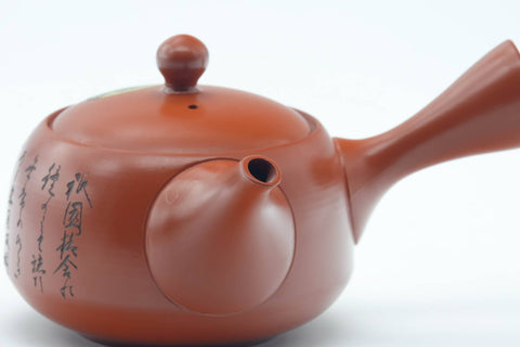 Japanese Kyusu - Calligraphy Engraved Tokoname-yaki Red Shudei Mesh Teapot - 300ml