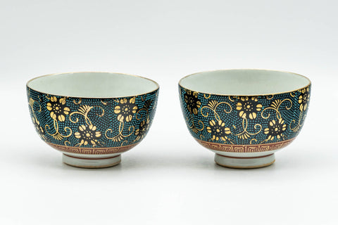 Japanese Teacups - Pair of Floral Aochibu Kutani-yaki Porcelain Yunomi - 80ml - the pair showing the blue dot and gold floral pattern