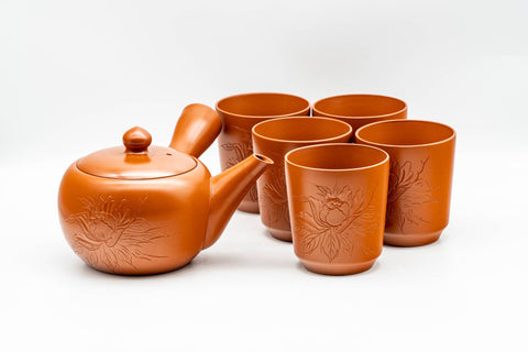 Japanese Tea Set - Floral Engraved Tokoname-yaki Kyusu Teapot with 5 Yunomi Teacups