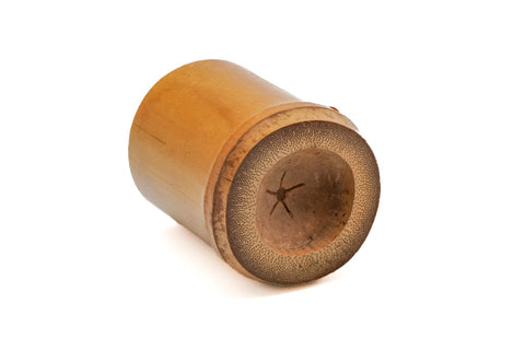 The bamboo cylinder tilted to show the cut node at the top.