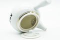 Japanese Kyusu - White Porcelain Gold Trim Arita-yaki Debeso Teapot - 140ml - lid removed showing the built-in ceramic debeso filter inside