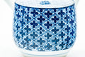 Japanese Kyusu - Blue Geometric Tessellated Arita-yaki Porcelain Teapot - 350ml - side view showing the blue tessellated geometric pattern on the body