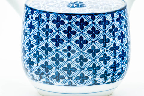 Japanese Kyusu - Blue Geometric Tessellated Arita-yaki Porcelain Teapot - 350ml - side view showing the blue tessellated geometric pattern on the body