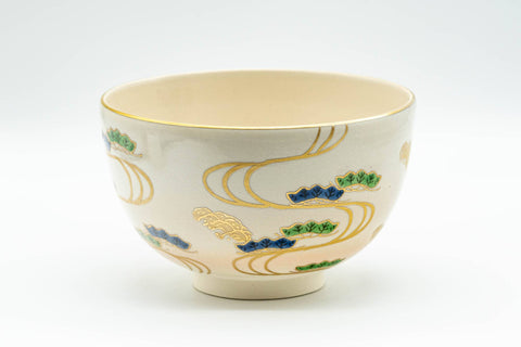 Japanese Matcha Bowl - Blue and Green Leaves Golden Geometric Kyo-yaki Chawan - 300ml