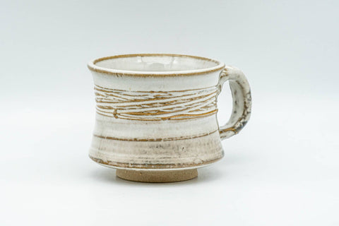 Tezumi — Japanese Teacup - Carved Exterior White Glazed Rear-Handled Ushirode Yunomi - 110ml — front view from another angle