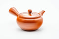 Japanese Kyusu - Red Shudei Tokoname-yaki Obi-ami Mesh Teapot - 325ml - three-quarter view from the spout side