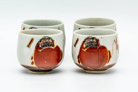 Japanese Tea Set - Daruma Kanji Kutani-yaki Kyusu Teapot with 4 Yunomi Teacups
