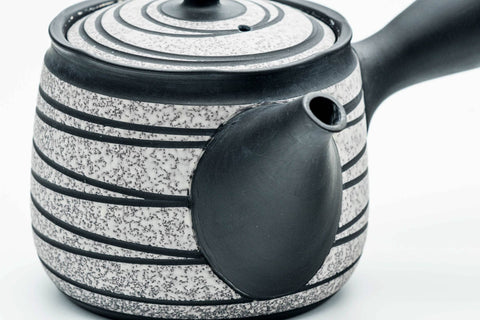 Japanese Kyusu - Black Striped White Textured Tokoname-yaki Obi-ami Mesh Teapot - 360ml