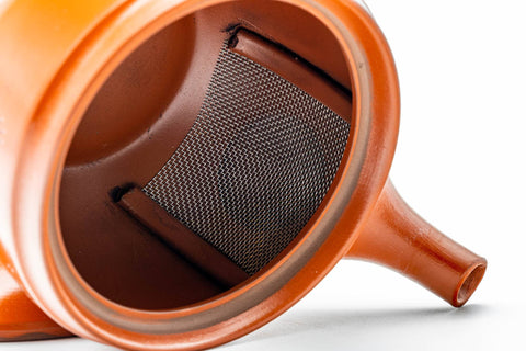 Interior view with the lid removed, revealing the built-in mesh strainer at the base of the spout.