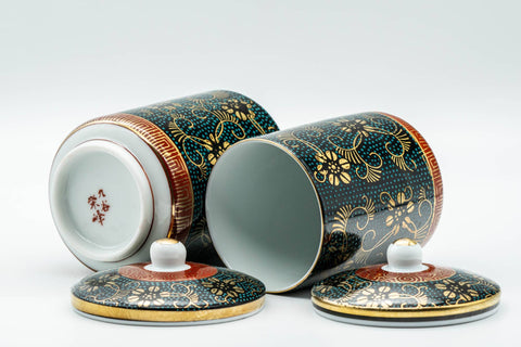 Japanese Teacups - Pair of 九谷焼 Floral Aochibu Kutani-yaki Porcelain Lidded Meoto Yunomi