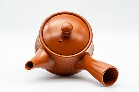 Tezumi — Japanese Kyusu - Red Shudei Tochiri Tokoname-yaki Mesh Teapot - 260ml — top-down view of the lid