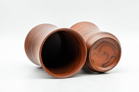 Tezumi — Japanese Teacups - Pair of Red Nerikomi Tokoname-yaki Meoto Yunomi — three-quarter view