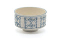 Tezumi — Japanese Matcha Bowl - White Blue Geometric Hantsutsu-gata Chawan - 400ml — three-quarter view