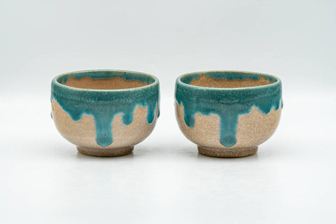 Tezumi — Japanese Teacups - Pair of Turquoise Drip-Glazed Agano-yaki Yunomi - 85ml — front view