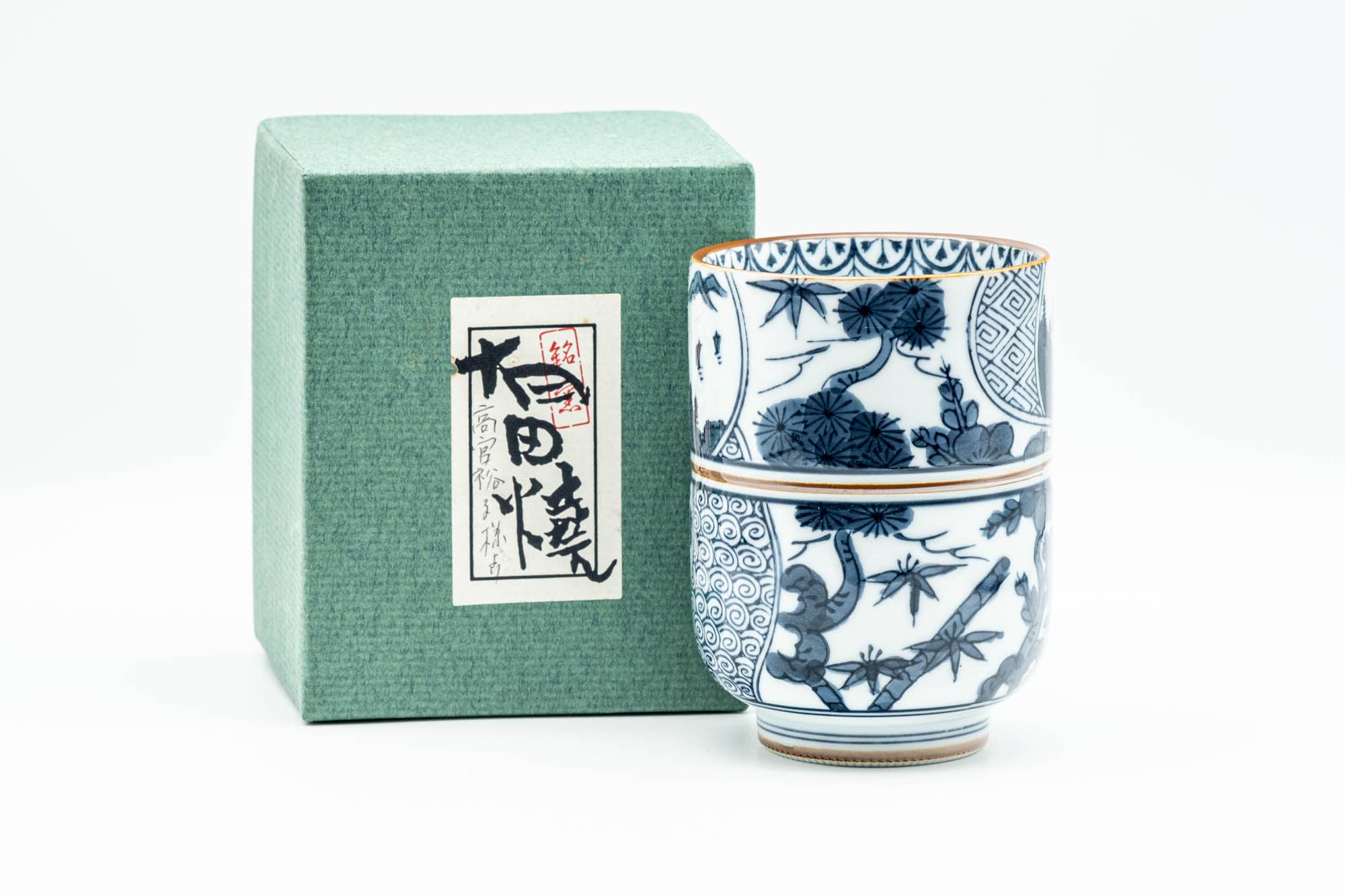 Japanese Teacup - Larger Blue Bamboo Geometric Arita-yaki Yunomi - 240ml
