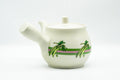 Japanese Kyusu - Beige Green Striped Snow Peas Kutani-yaki Debeso Teapot - 400ml - angled view, spout to the right
