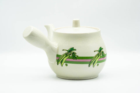 Japanese Kyusu - Beige Green Striped Snow Peas Kutani-yaki Debeso Teapot - 400ml - angled view, spout to the right