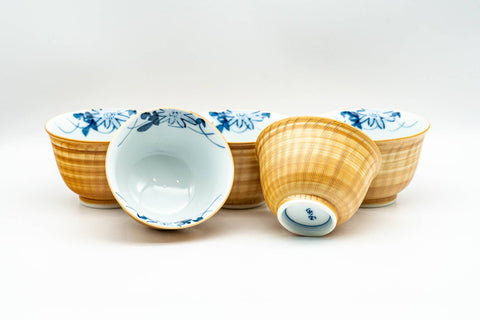 Japanese Tea Set - Yellow Blue Floral White Inner-Glazed Arita-yaki Kyusu Teapot with Katakuchi Water Cooler and 5 Yunomi Teacups