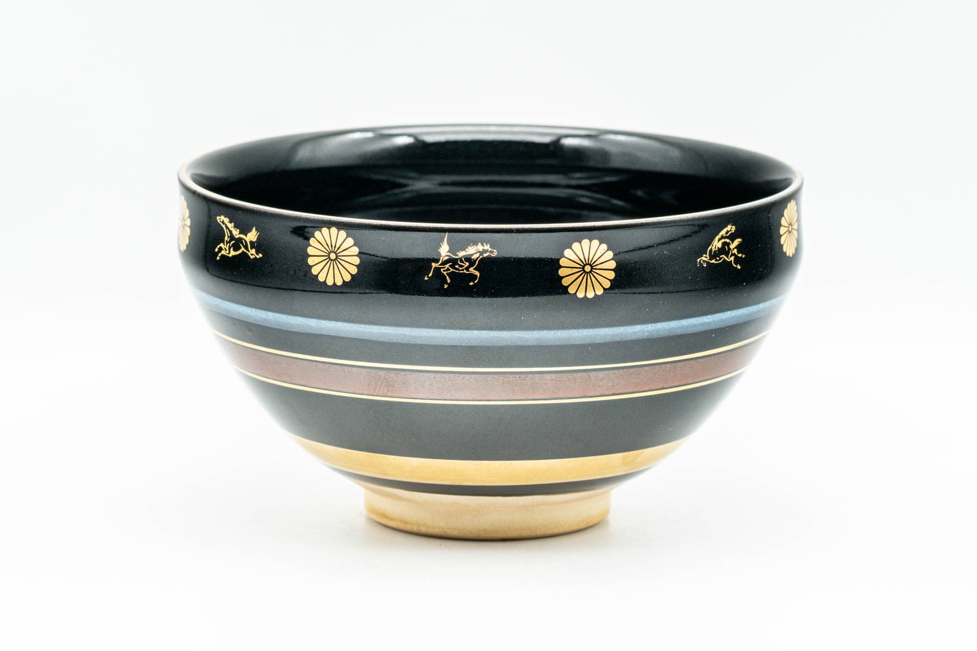 Japanese Matcha Bowl - 貴山 Kiyama - Black Gold Chrysanthemum Horses Kyo-yaki Chawan - 200ml