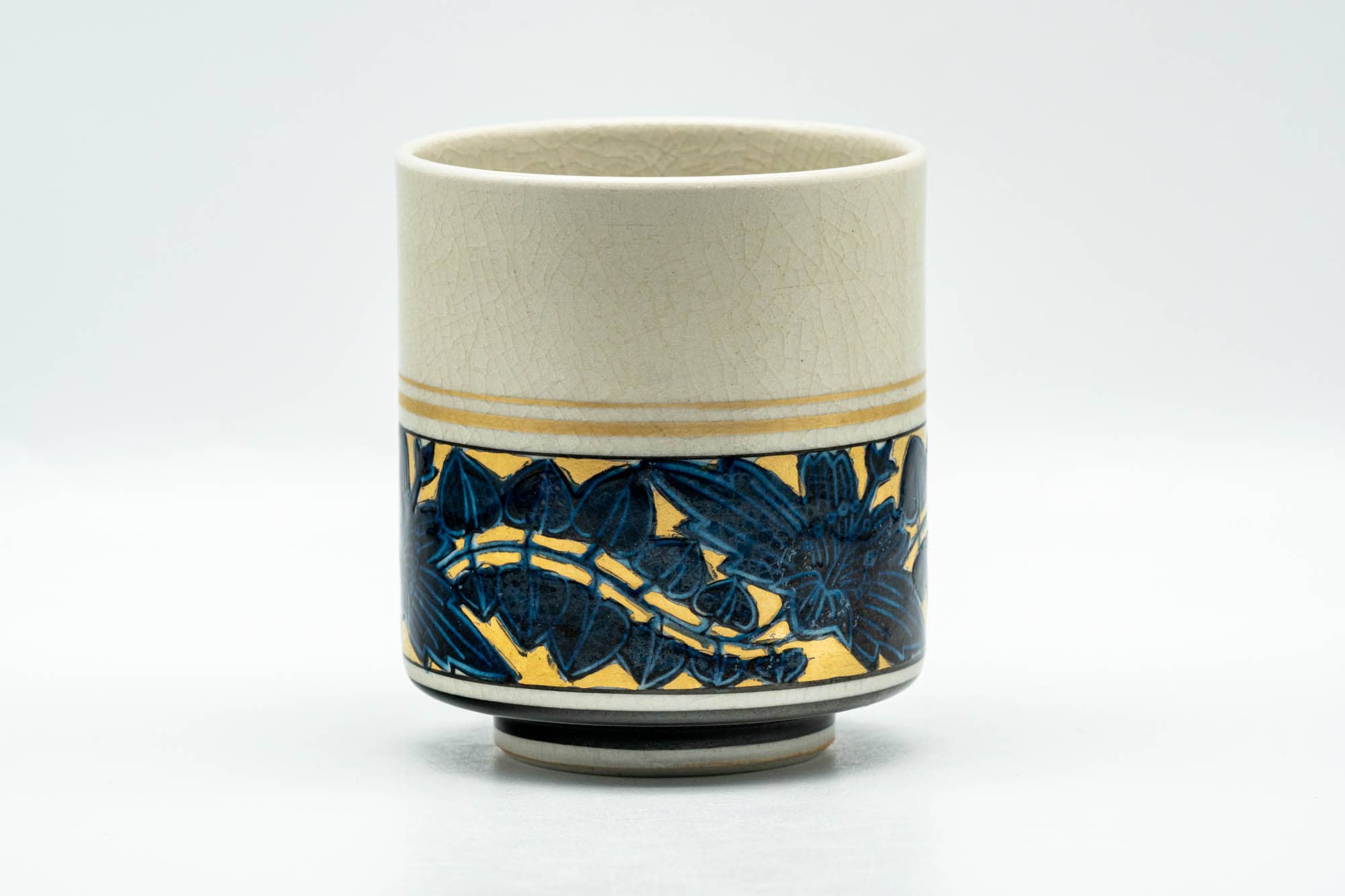 Japanese Teacup - Blue Floral Gold Geometric Kutani-yaki Yunomi - 200ml