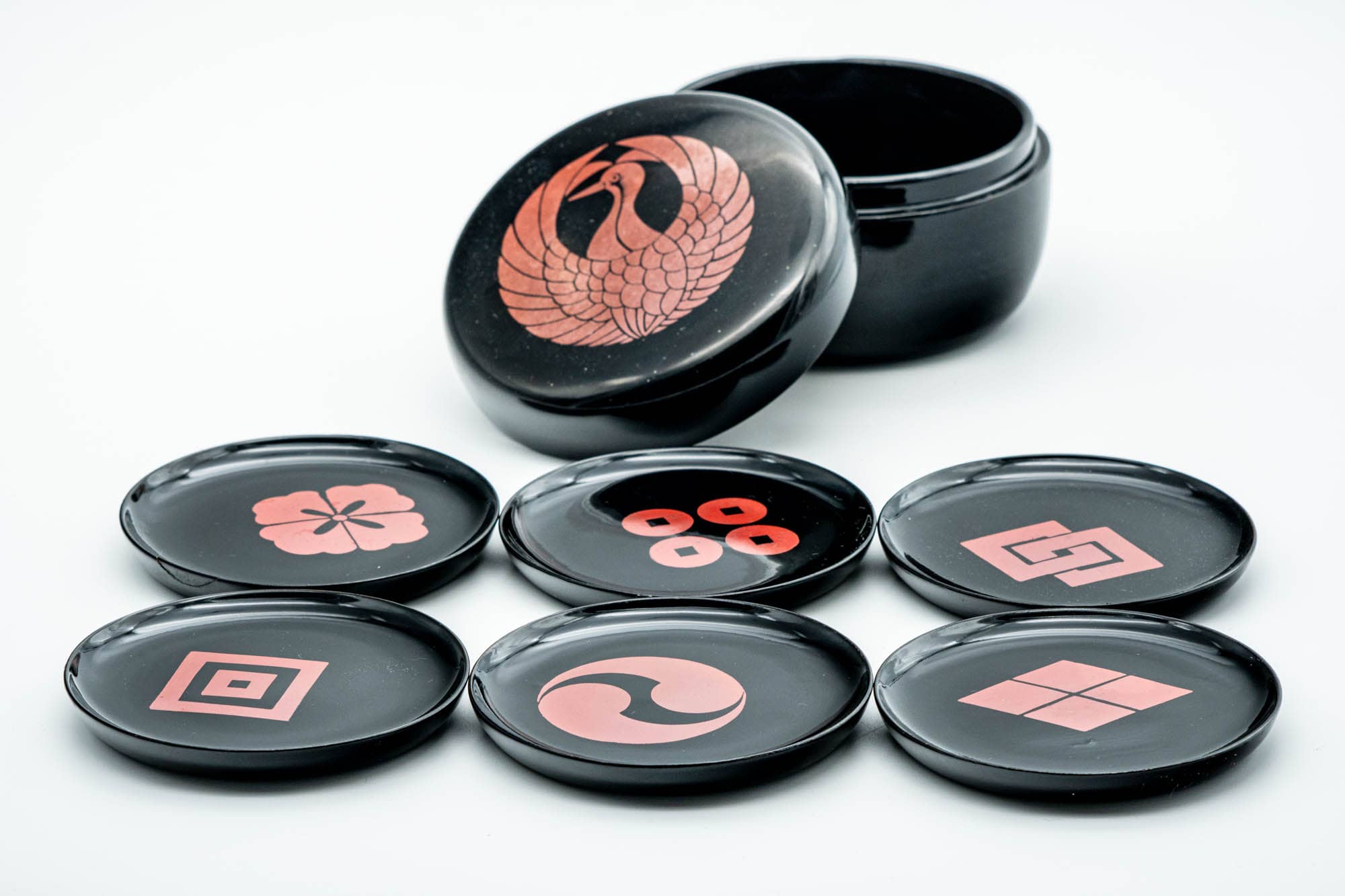 Japanese Chataku - Set of 6 Geometric Plastic Tea Saucers in Phoenix Container