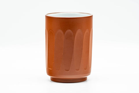 Japanese Teacup - Carved Red Shudei White Inner-Glazed Tokoname-yaki Yunomi - 150ml - side profile view