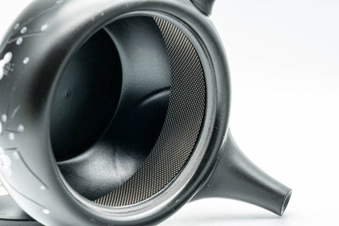 Japanese Kyusu - Floral Engraved Black Kurodei Tokoname-yaki Obi-ami Teapot - 300ml