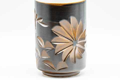 Japanese Teacups - Pair of Brown Floral Tsutsu-gata Lidded Meoto Yunomi