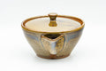 Japanese Tea Set - Green Purple Drip-Glazed Houhin Teapot with Katakuchi Water Cooler and 5 Yunomi Teacups - angled view of the houhin teapot with lid