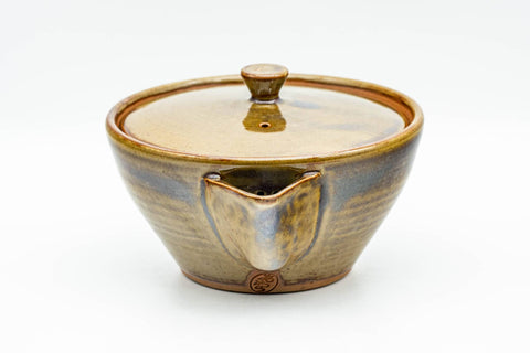 Japanese Tea Set - Green Purple Drip-Glazed Houhin Teapot with Katakuchi Water Cooler and 5 Yunomi Teacups - angled view of the houhin teapot with lid
