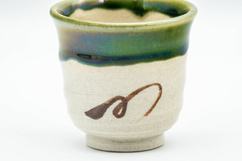 Japanese Teacup - Beige Green Drip-Glazed Geometric Oribe-yaki Yunomi - 70ml - front view showing the geometric pattern and green drip glaze