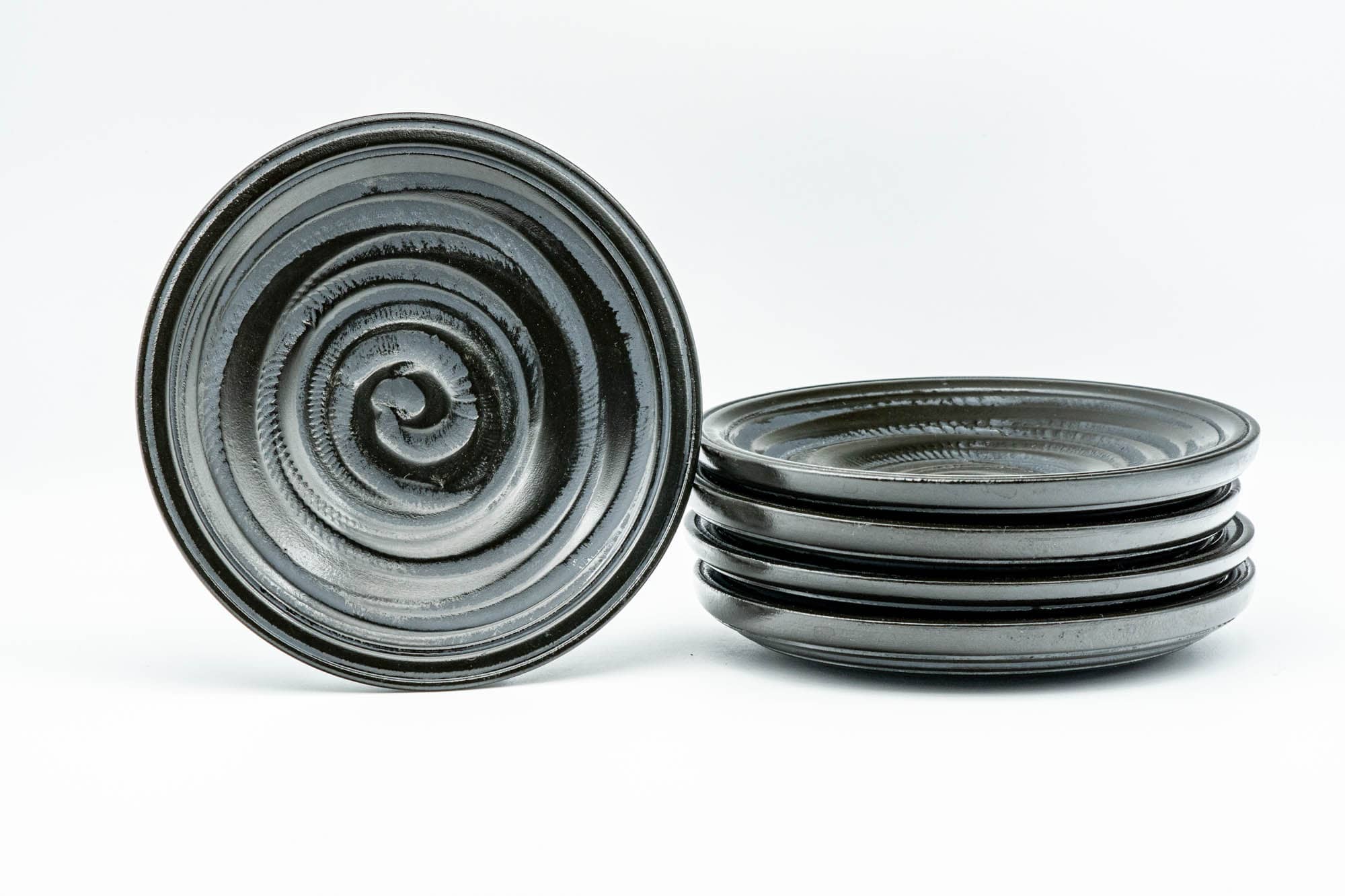 Japanese Chataku - Set of 5 Black Carved Spiraling Wooden Tea Saucers - Tezumi