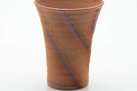 Tezumi — Japanese Teacup - Tall Orange Hidasuki Bizen-yaki Yunomi - 240ml — tipped to show the interior