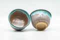 Tezumi — Japanese Teacups - Pair of Brown Turquoise Drip-Glazed Agano-yaki Yunomi - 100ml — front view from another angle