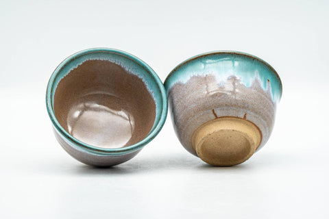 Tezumi — Japanese Teacups - Pair of Brown Turquoise Drip-Glazed Agano-yaki Yunomi - 100ml — front view from another angle