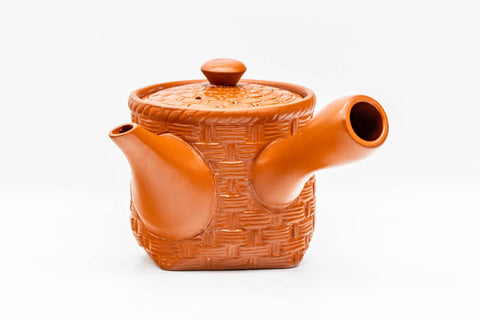 Japanese Kyusu - Basket-Patterned Red Shudei Tokoname-yaki Mesh Teapot - 160ml - angled view showing the spout