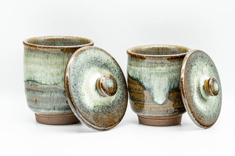 Japanese Teacups - Pair of Beige Hare's Fur Drip-Glazed Lidded Meoto Yunomi with Wooden Box