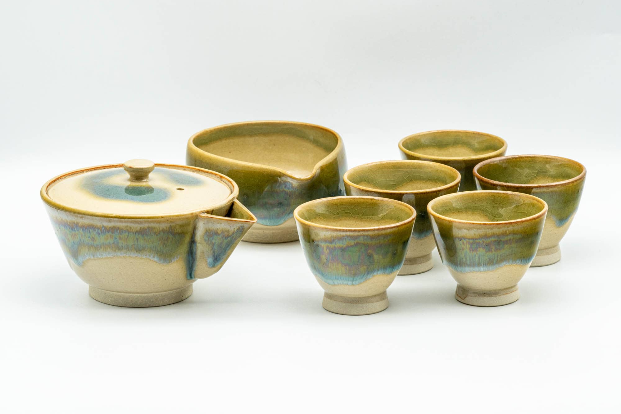 Japanese Tea Set - Green Drip-Glazed Agano-yaki Houhin Teapot with Katakuchi Water Cooler and 5 Guinomi Teacups