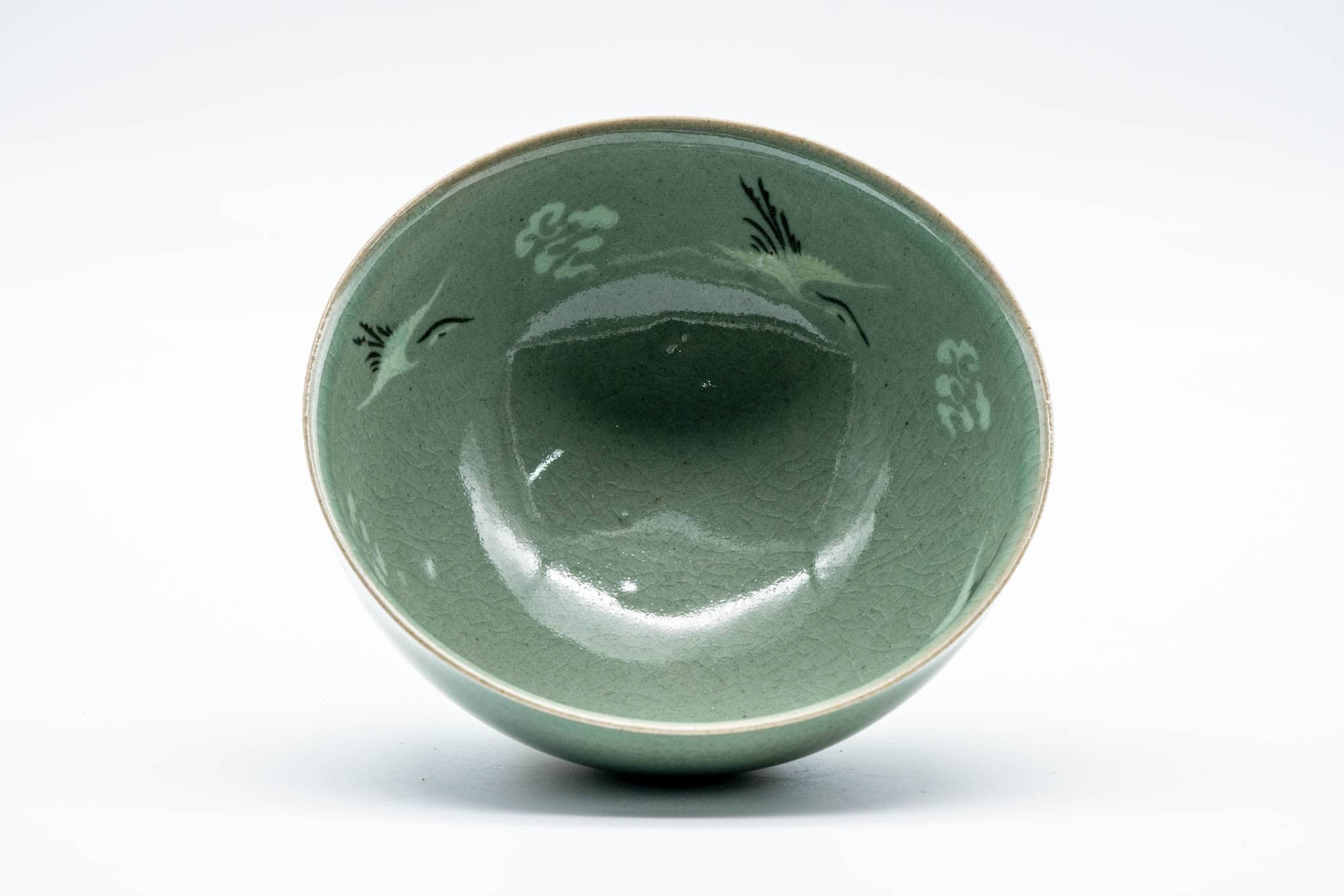 Japanese Matcha Bowl - Green Celadon Glazed Floral Egret Chawan - 150ml