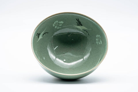 Tezumi — Japanese Matcha Bowl - Green Celadon Glazed Floral Egret Chawan - 150ml — front view from another angle