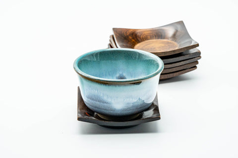 Japanese Chataku - Set of 6 Small Floral Square-shaped Wooden Tea Saucers