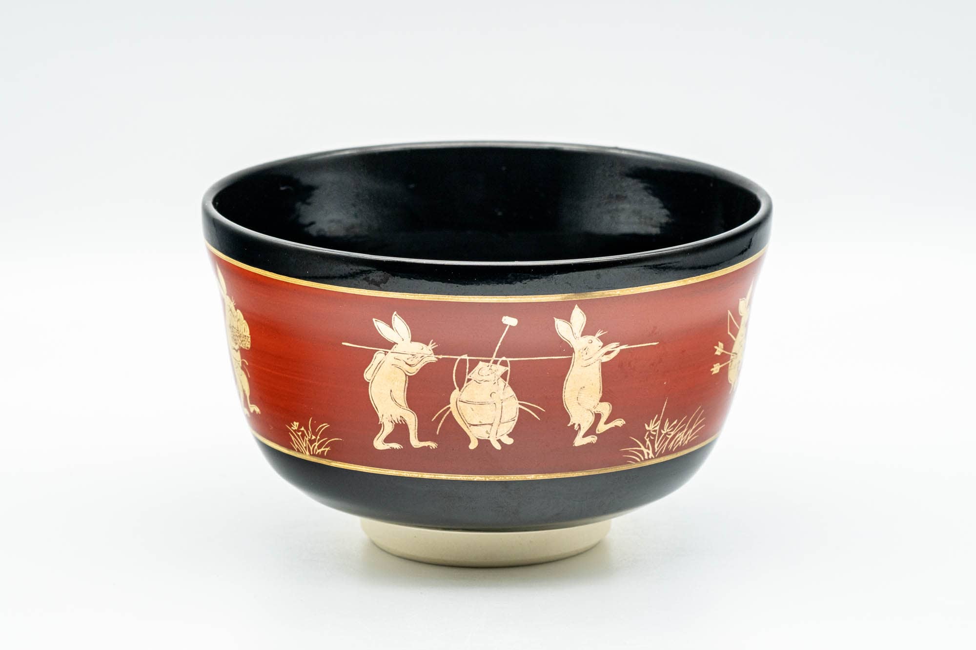 Japanese Matcha Bowl - Gold Bunny Rabbits Black Red Glazed Kyo-yaki Chawan - 350ml - Tezumi