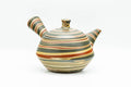 Japanese Kyusu - Green, Red, and Yellow Swirling Nerikomi Tokoname-yaki Do-ake Teapot - 240ml - side view from the spout side